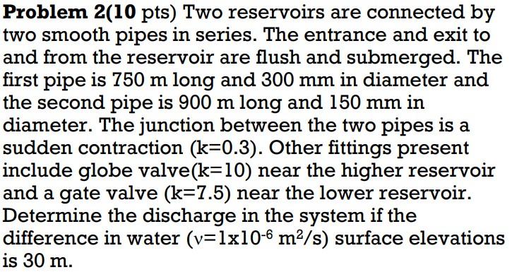 Solved Problem 2(10 Pts) Two Reservoirs Are Connected By Two | Chegg.com