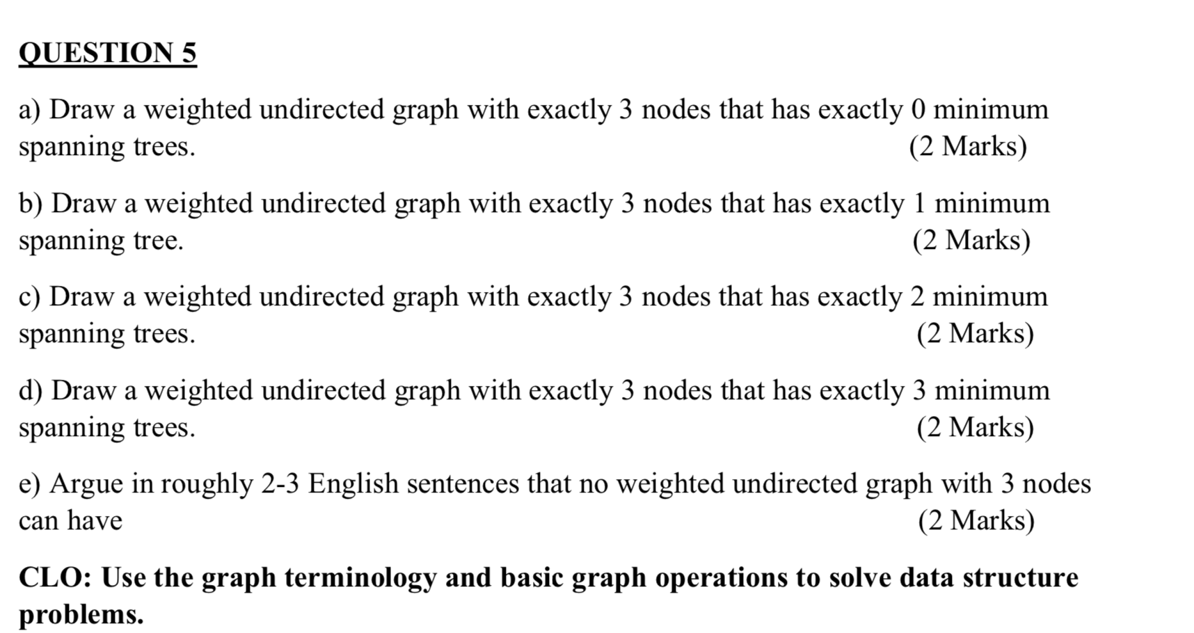 Solved QUESTION 5 a) Draw a weighted undirected graph with | Chegg.com