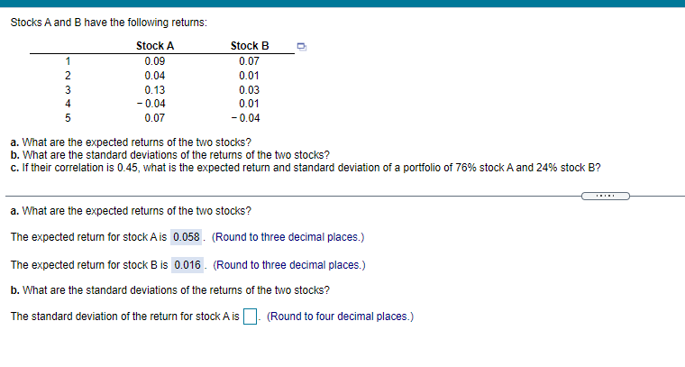 Solved 0.09 Stocks A And B Have The Following Returns: Stock | Chegg.com