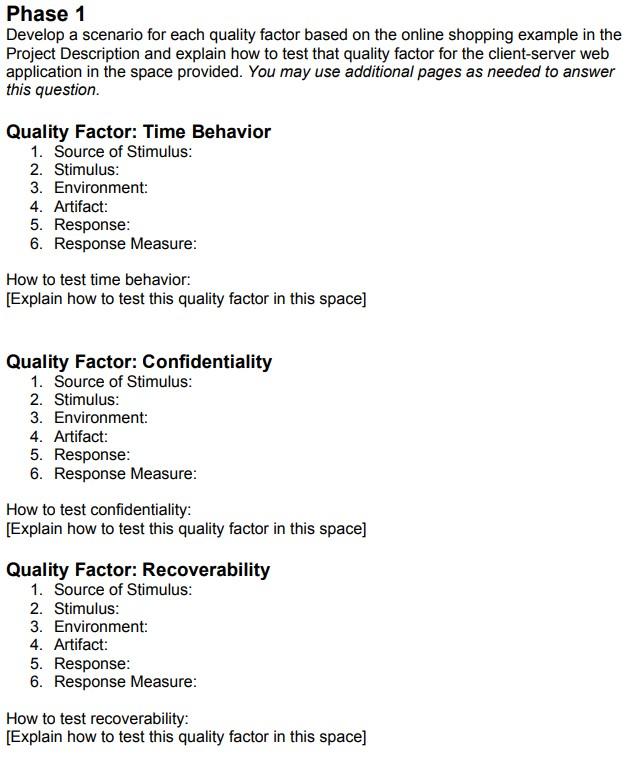 Phase 1
Develop a scenario for each quality factor based on the online shopping example in the
Project Description and explai