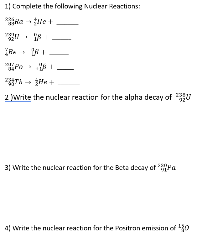 Solved 1 Complete The Following Nuclear Reactions 27 Ra Chegg Com