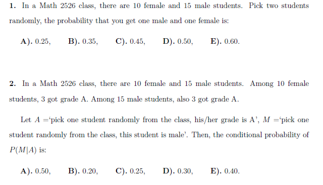 Solved 1. In a Math 2526 class, there are 10 female and 15 | Chegg.com