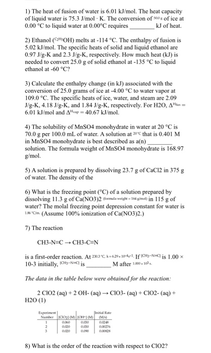 Solved 1) The heat of fusion of water is 6.01 kJ/mol. The | Chegg.com