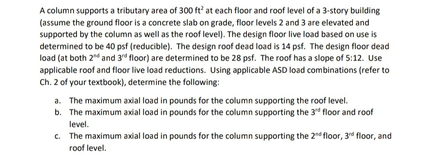 Solved A Column Supports A Tributary Area Of 300 Ft At E