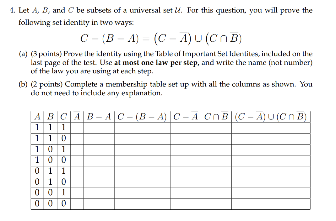 Solved = 4. Let A, B, and C be subsets of a universal set U. | Chegg.com