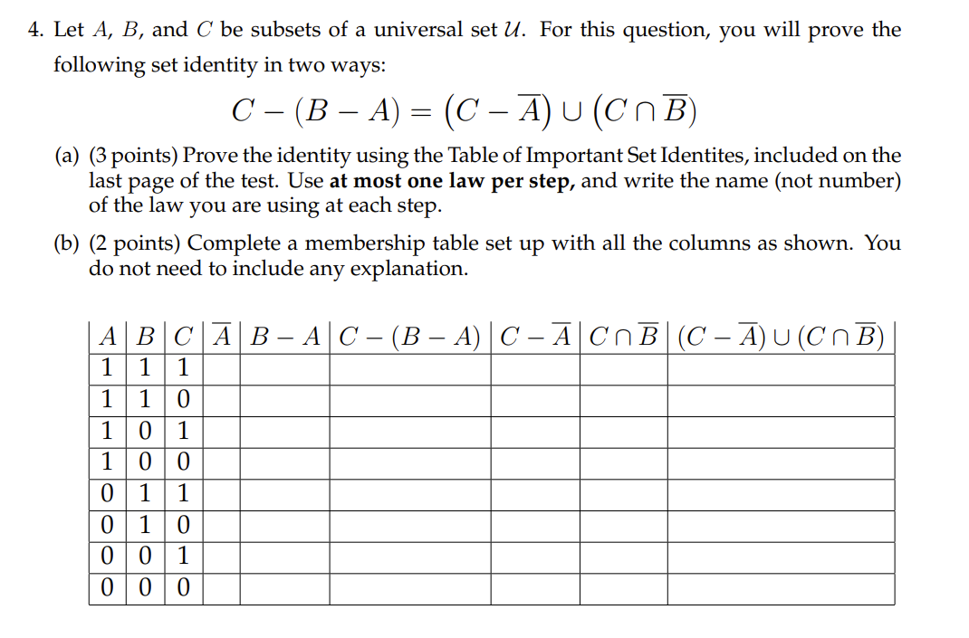 Solved = 4. Let A, B, And C Be Subsets Of A Universal Set U. | Chegg.com