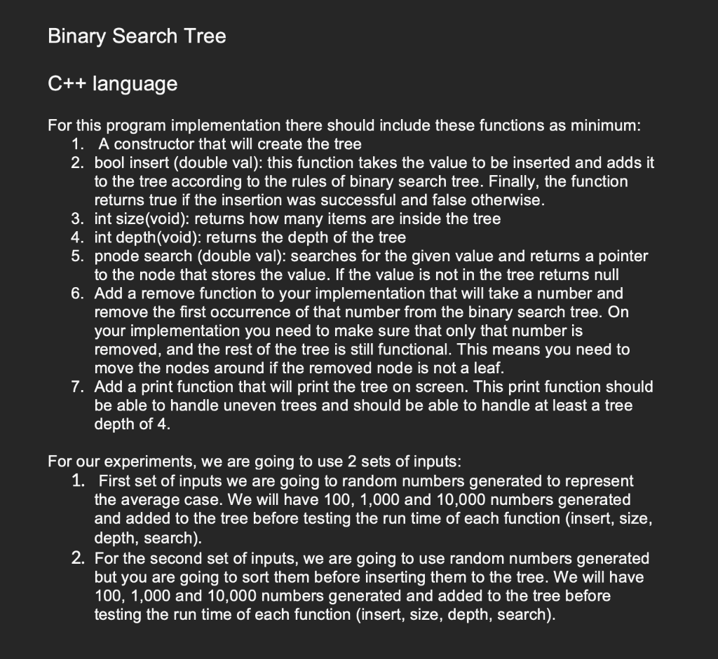 Solved Binary Search Tree C++ language For this program | Chegg.com