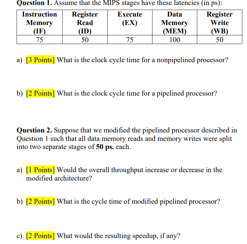 Solved a) [3 Points] What is the clock cycle time for a