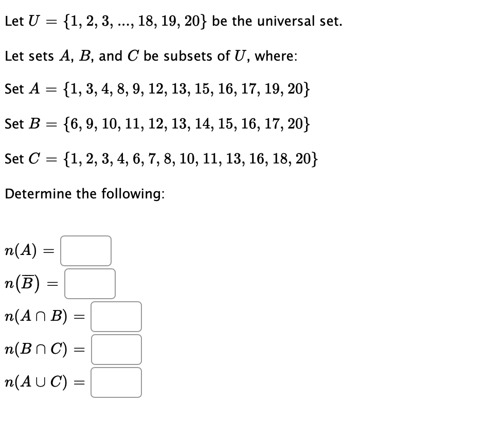 Solved Let U={1,2,3,…,18,19,20} Be The Universal Set. Let | Chegg.com