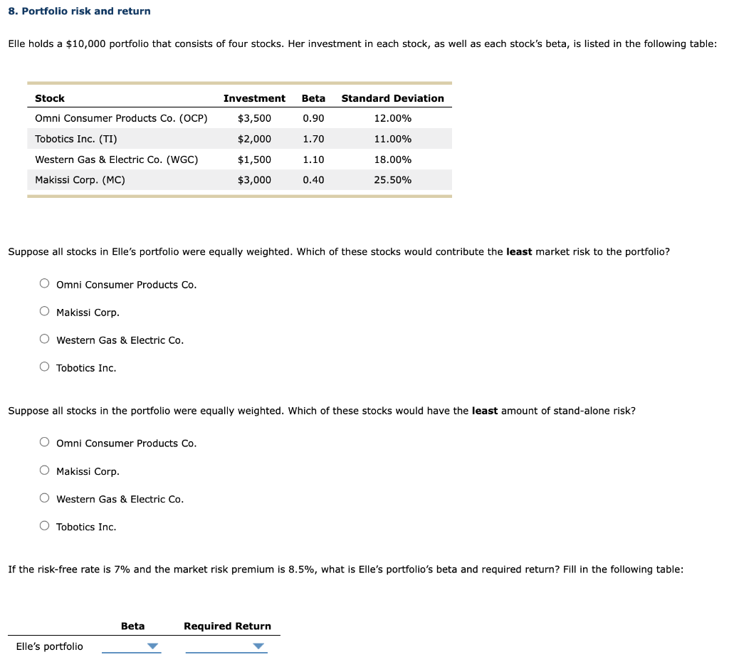Solved 8. Portfolio risk and return Elle holds a 10,000