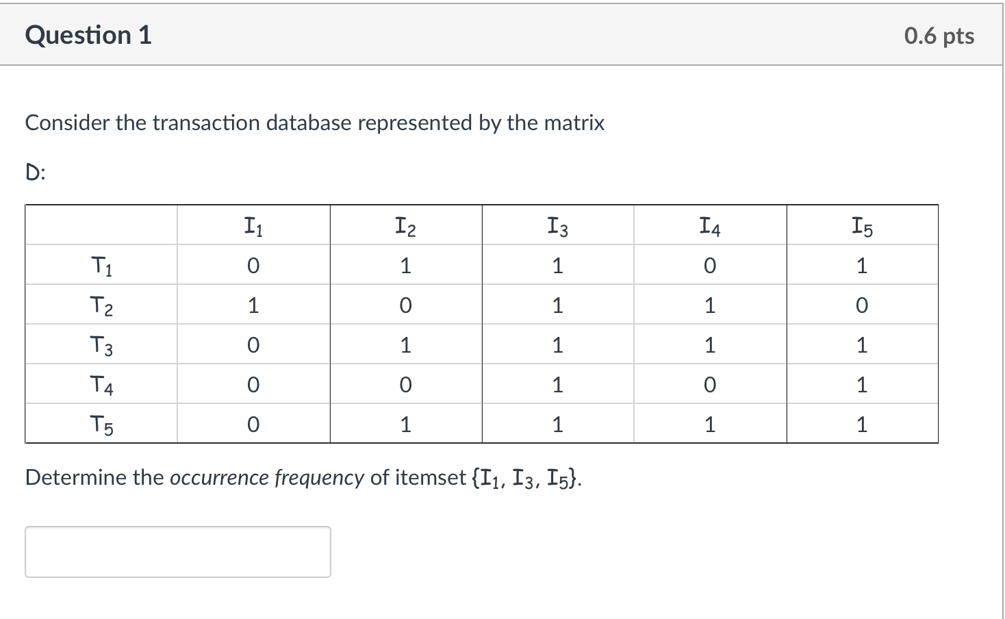 Solved Question 1 0.6 pts Consider the transaction database | Chegg.com