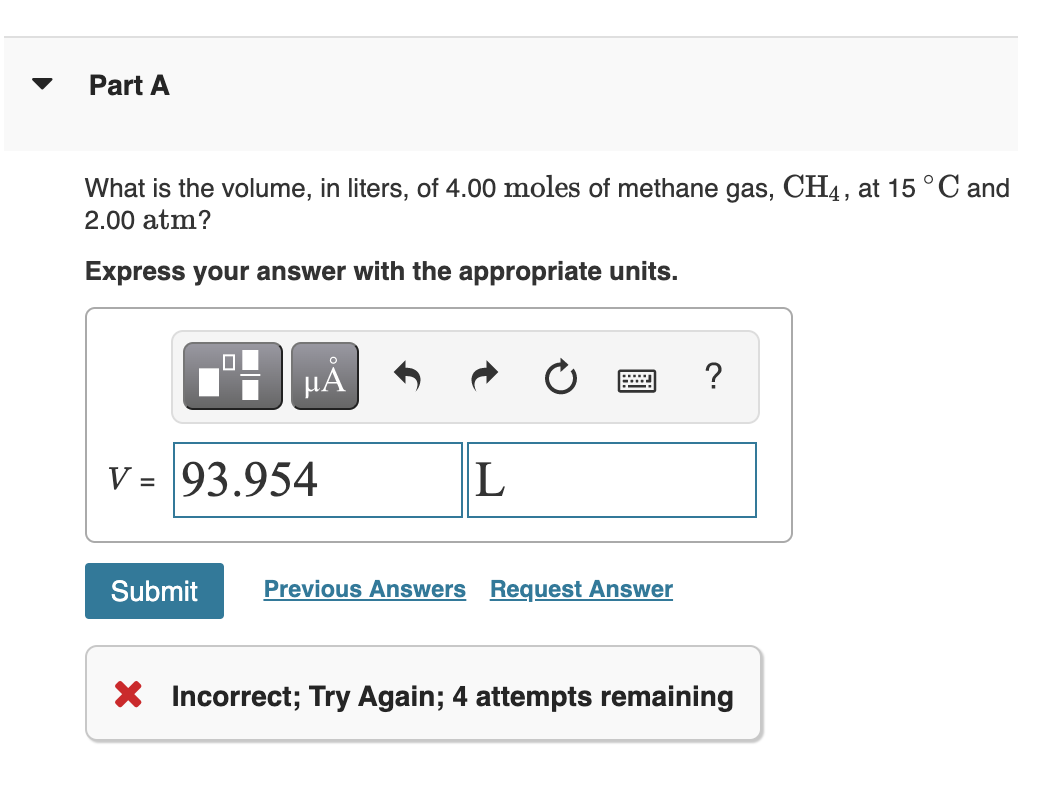 Solved What is the volume, in liters, of 4.00 moles of | Chegg.com
