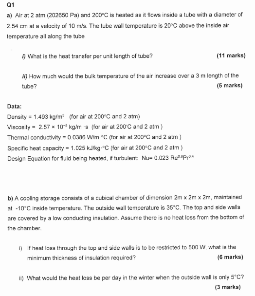 Solved Q1 a) Air at 2 atm (202650 Pa) and 200°C is heated as | Chegg.com