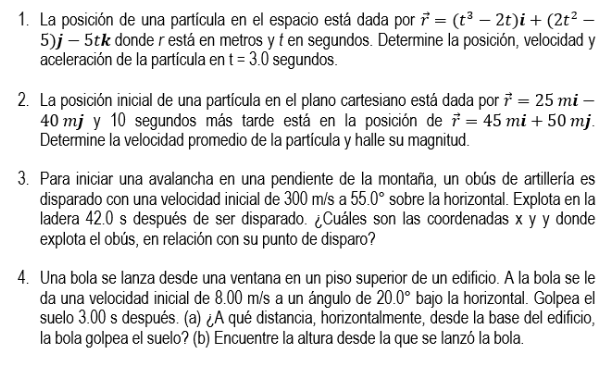 1. La posición de una particula en el espacio está dada por \( \vec{r}=\left(t^{3}-2 t\right) \boldsymbol{i}+\left(2 t^{2}-\r