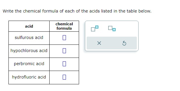 Solved Write The Chemical Formula Of Each Of The Acids Chegg Com