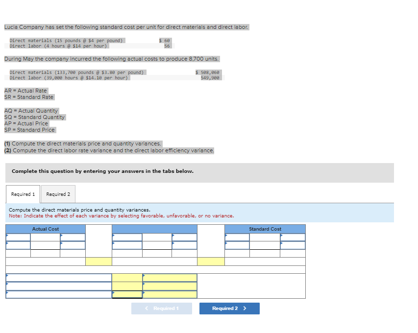 Solved Lucia Company has set the following standard cost per