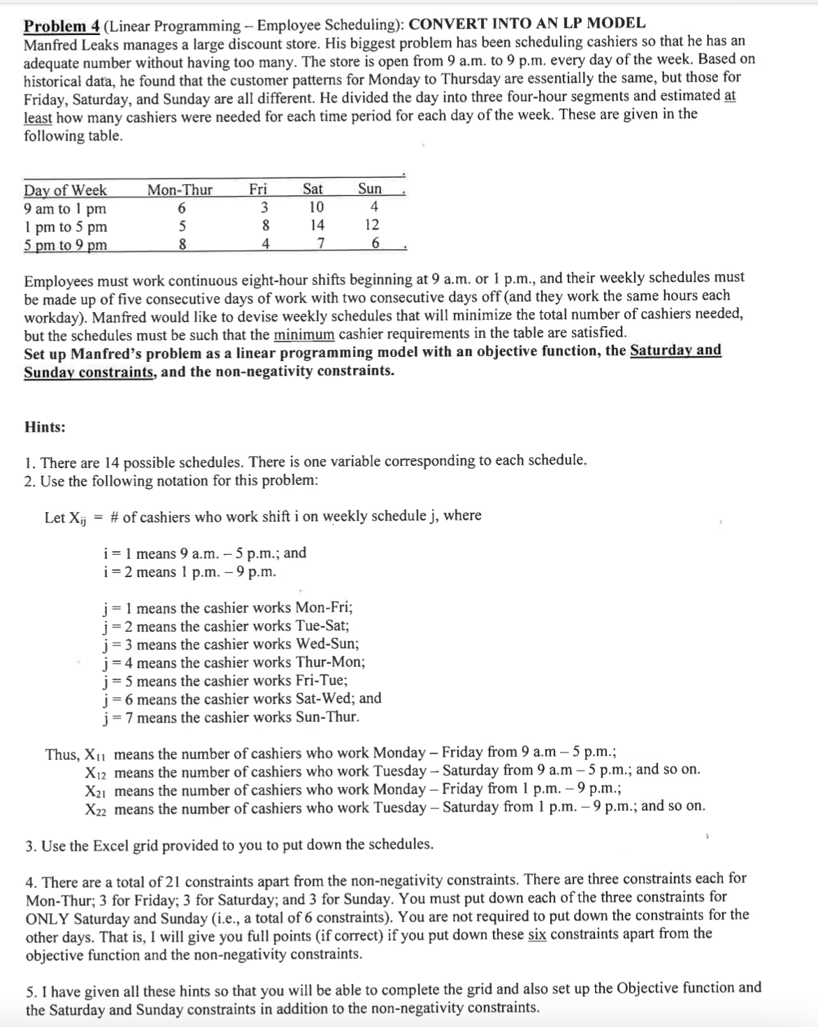 Solved Problem 4 (Linear Programming - Employee Scheduling): | Chegg.com