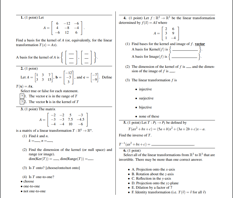 Solved 1. (1 Point) Let 6 4 A= -12 -8 12 -6 -4 6 4. (1 | Chegg.com