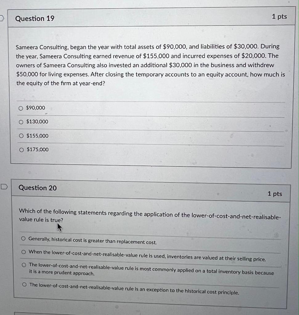 Solved Question 1 1 Pts Select The ONE Best Answer For Each | Chegg.com