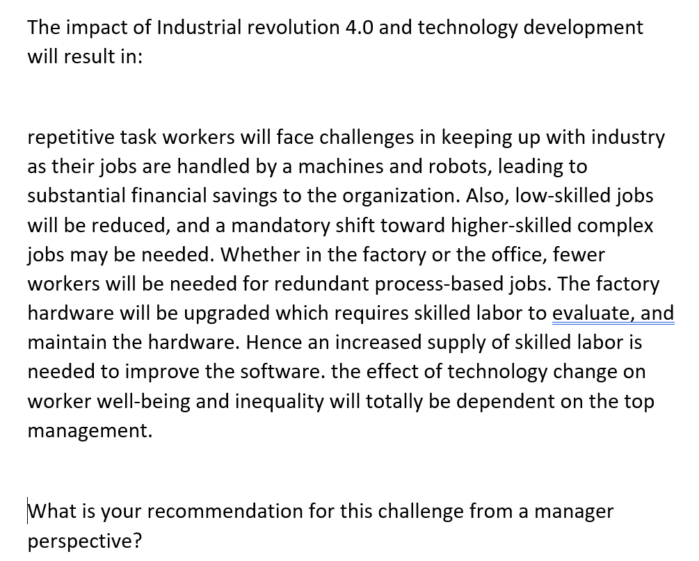 Solved The impact of Industrial revolution 4.0 and