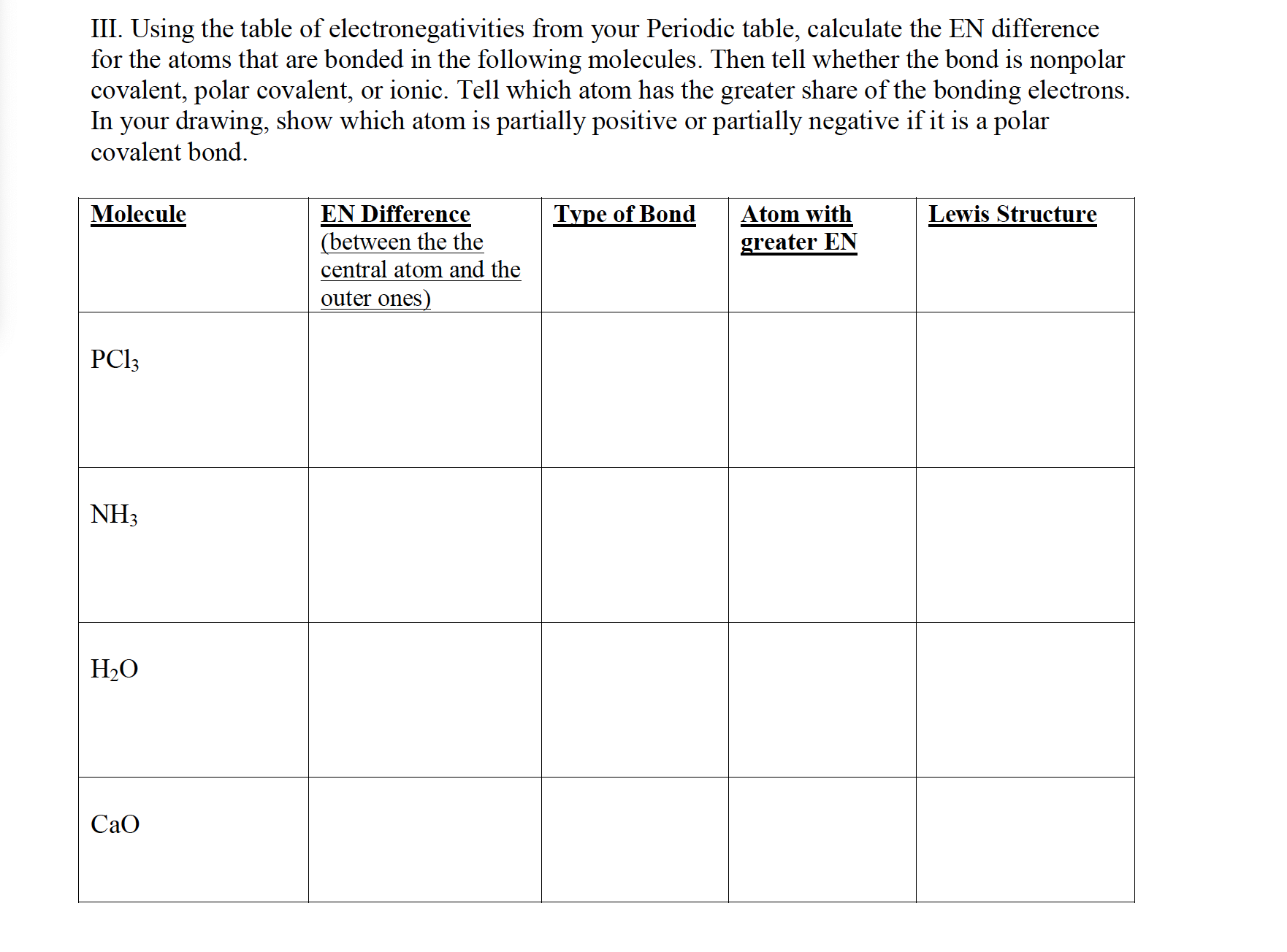 Solved III. Using the table of electronegativities from your | Chegg.com