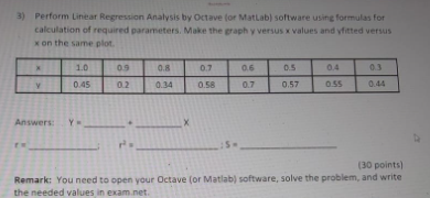 3) Perform Linear Regression Analysis by Octave (or MatLab) software using formulas for
calculation of required parameters. M