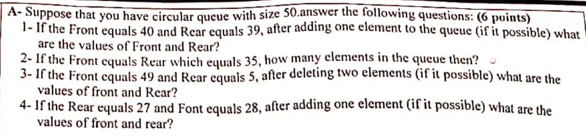 Solved A- Suppose that you have circular queue with size 50 | Chegg.com