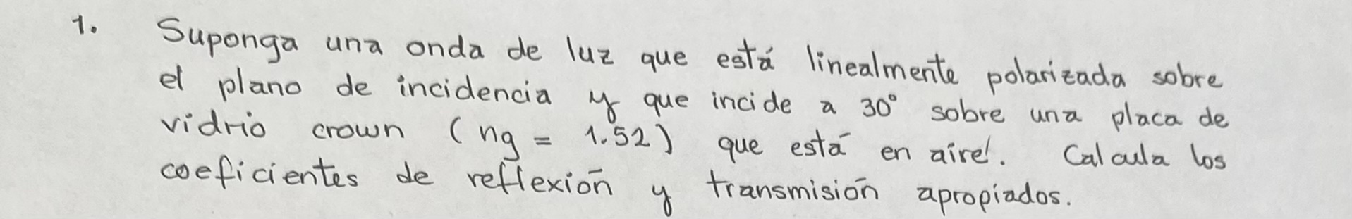 Suponga una onda de luz que está linealmente polarizada sobre el plano de incidencia y que incide a \( 30^{\circ} \) sobre un