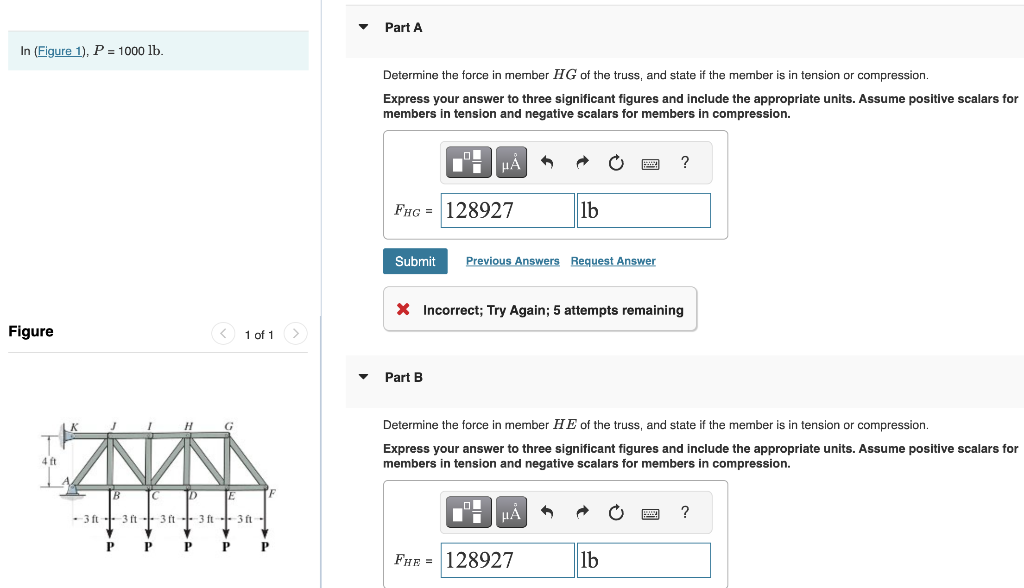 Solved P=1000lb Determine the force in member HG of the | Chegg.com