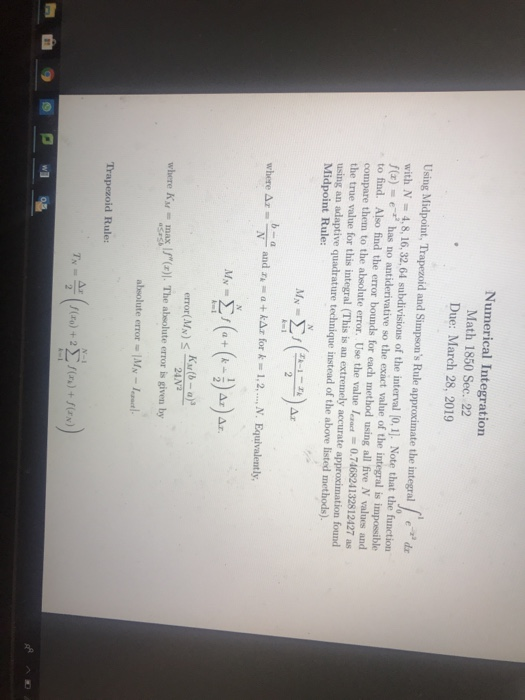 Solved Numerical Integration Math 1850 Sec. 22 Due: March | Chegg.com