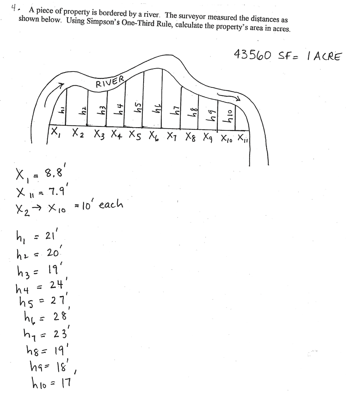 4. A piece of property is bordered by a river. The surveyor measured the distances as shown below. Using Simpsons One-Third