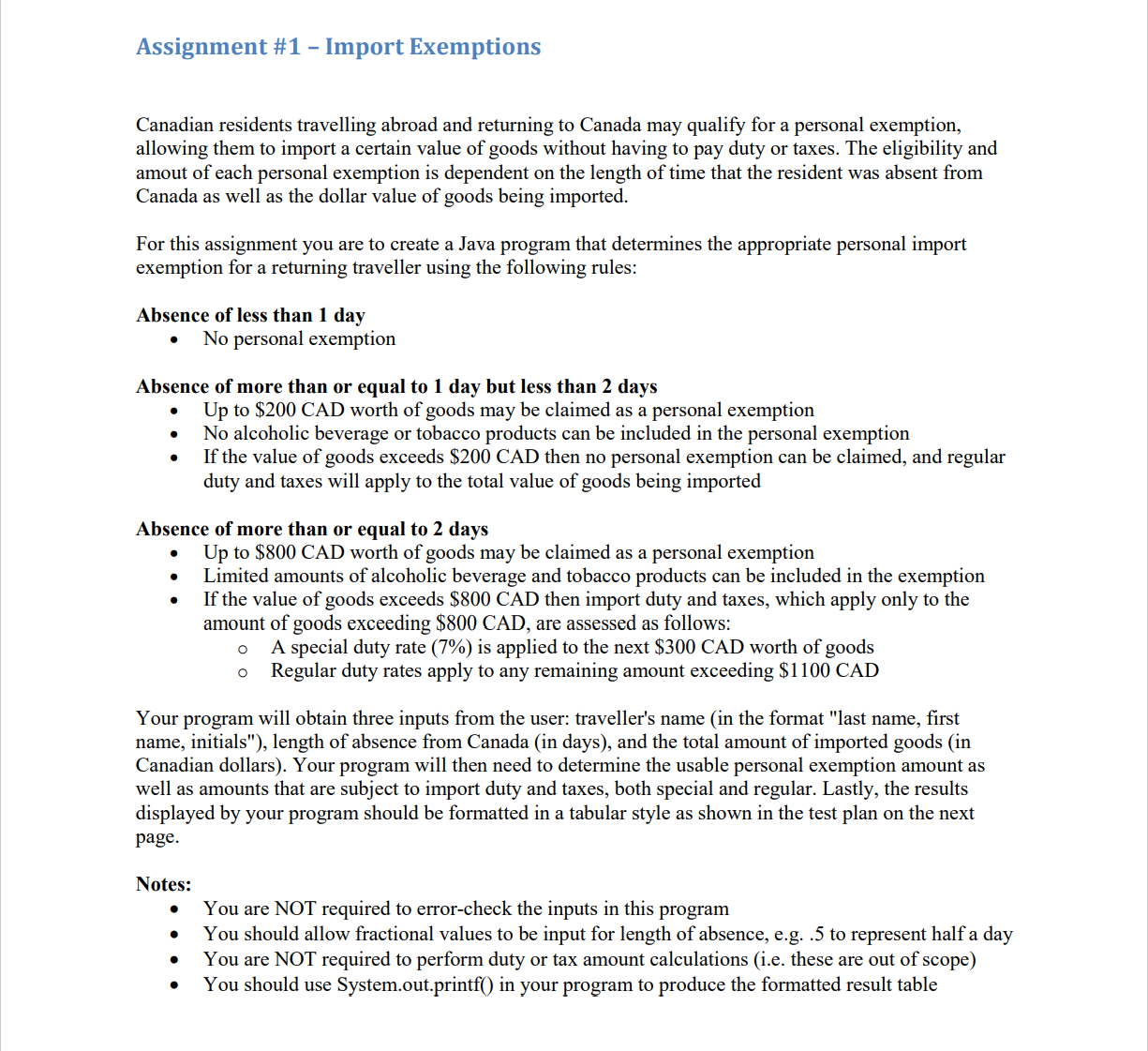 Solved Assignment #1 - Import Exemptions Canadian residents 