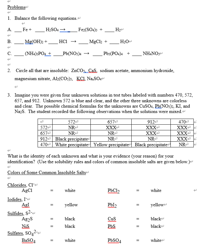 Solved Problems 1. Balance the following equations. Fe + | Chegg.com