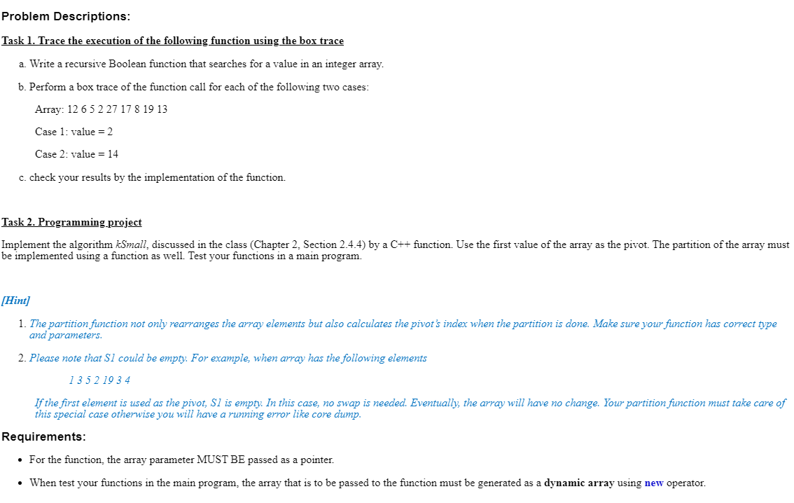 Solved Problem Descriptions: Task 1. Trace the execution of | Chegg.com