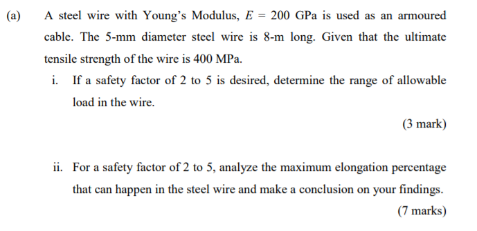 Solved (a) A steel wire with Young's Modulus, E = 200 GPa is | Chegg.com