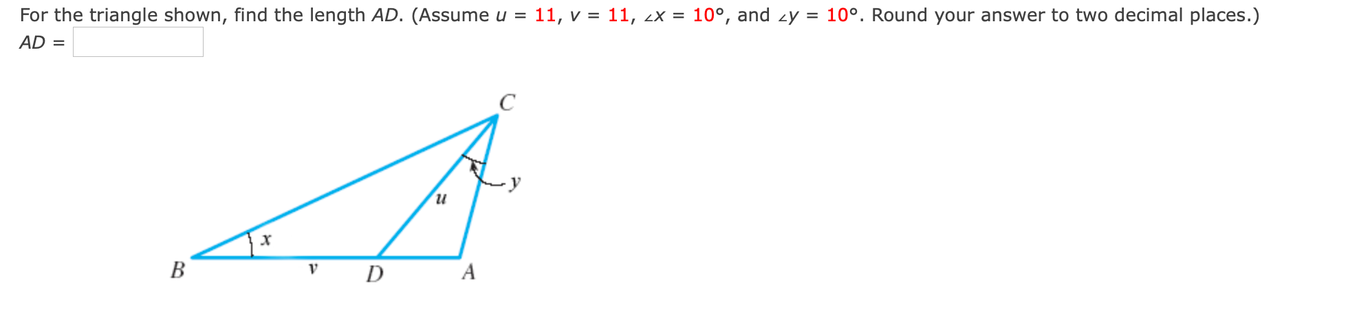 Solved For the triangle shown, find the length AD. (Assume u | Chegg.com