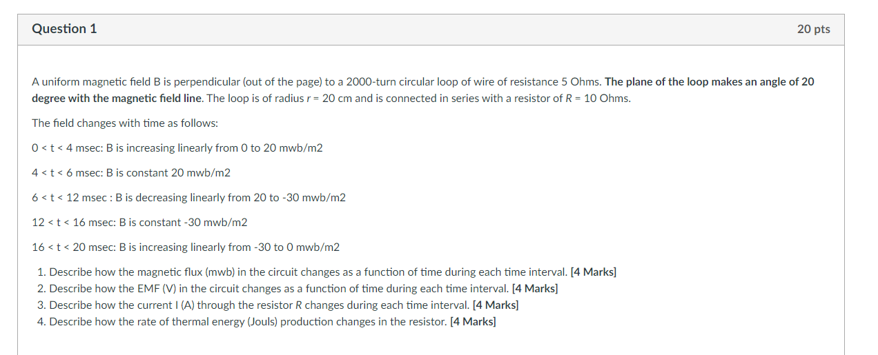 Solved Question 1 20 pts A uniform magnetic field B is | Chegg.com