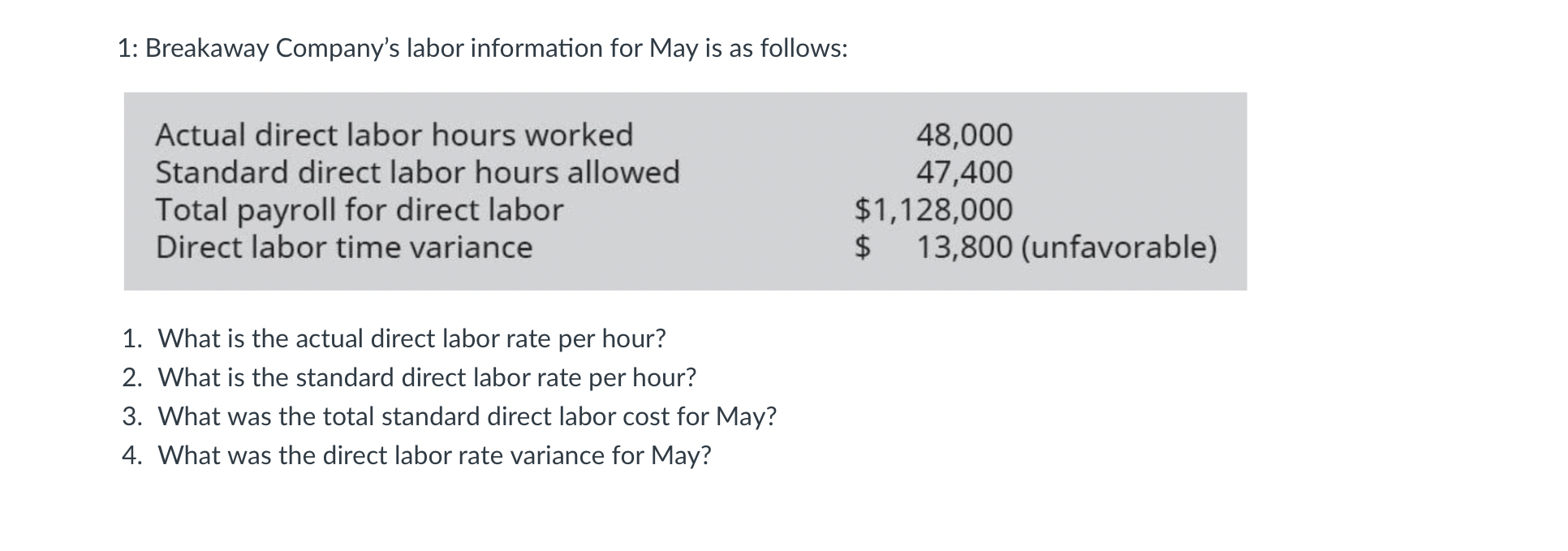 Solved 1: Breakaway Company's labor information for May is | Chegg.com