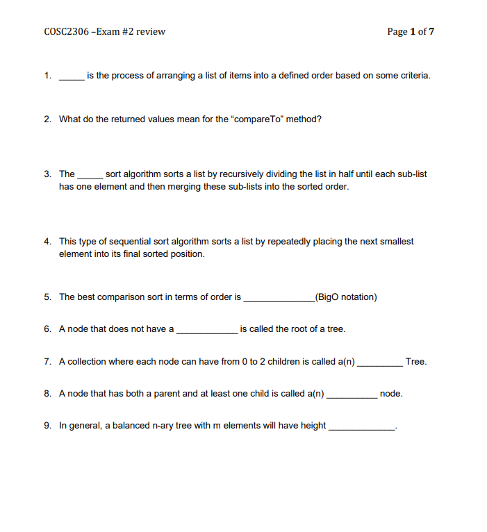 Solved COSC2306 -Exam #2 review Page 1 of 7 is the process | Chegg.com