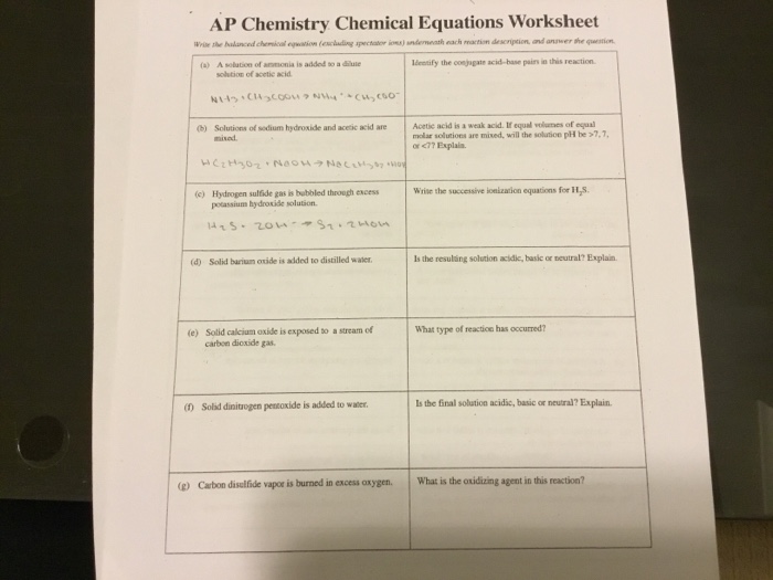 Ap Chemistry Chemical Equations Worksheet Answers