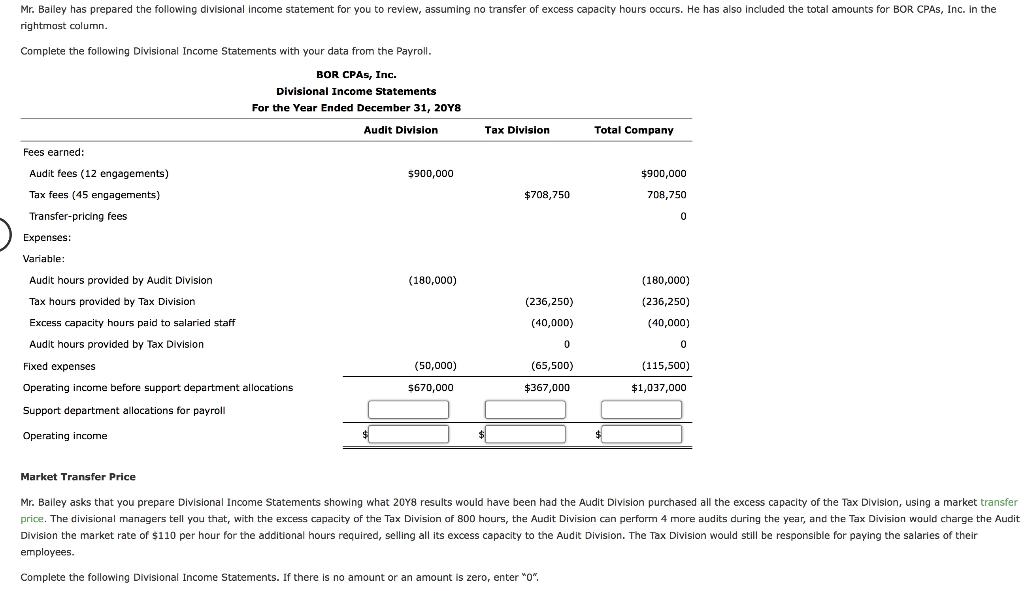 Solved Mr. Balley has prepared the following divisional