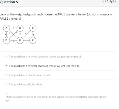 Solved Question 6 5/10 pts Look at the weighted graph and | Chegg.com