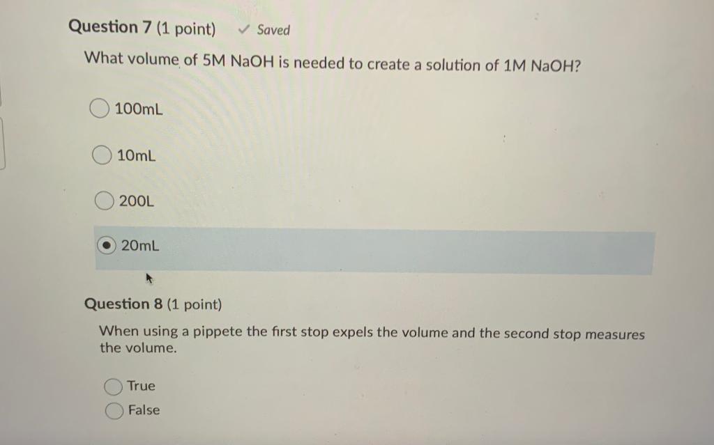 Solved Question 7 (1 point) ✓ Saved What volume of 5M NaOH 