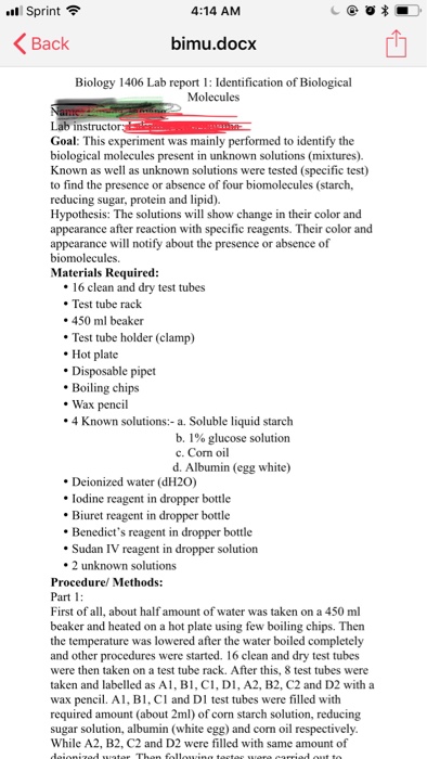 Solved Sprint? 4:14 AM Bimu.docx Biology 1406 Lab Report 1: | Chegg.com