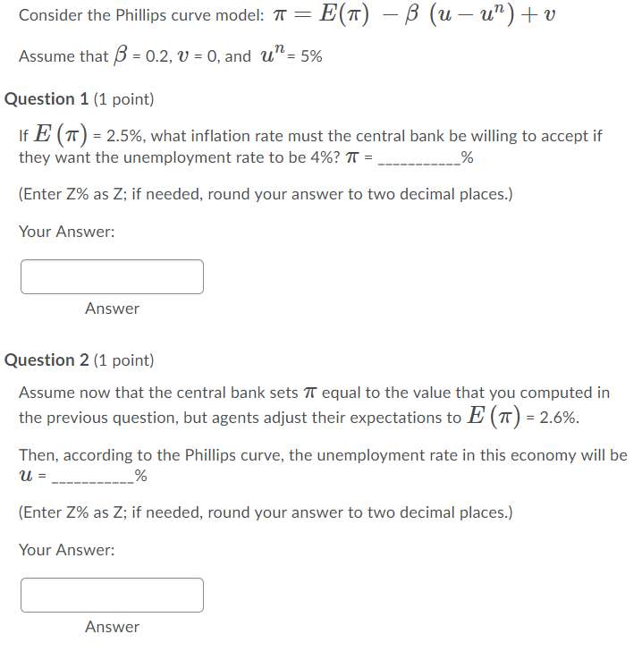 Solved Consider The Phillips Curve Model T E T B Chegg Com