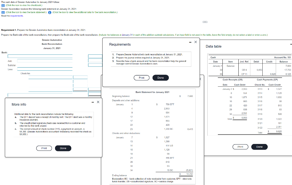 The cash dala of Dessier Automotive for January 2021 follow:
(Click the icon to view the checkbook.)
Dessier Automotive recei