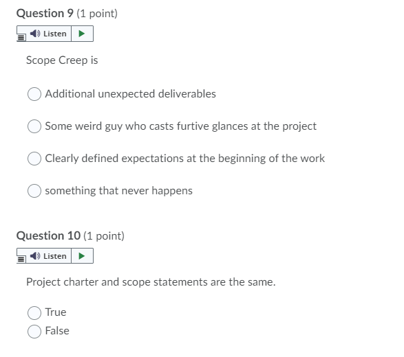 Solved Question 9 (1 point) Listen Scope Creep is Additional | Chegg.com