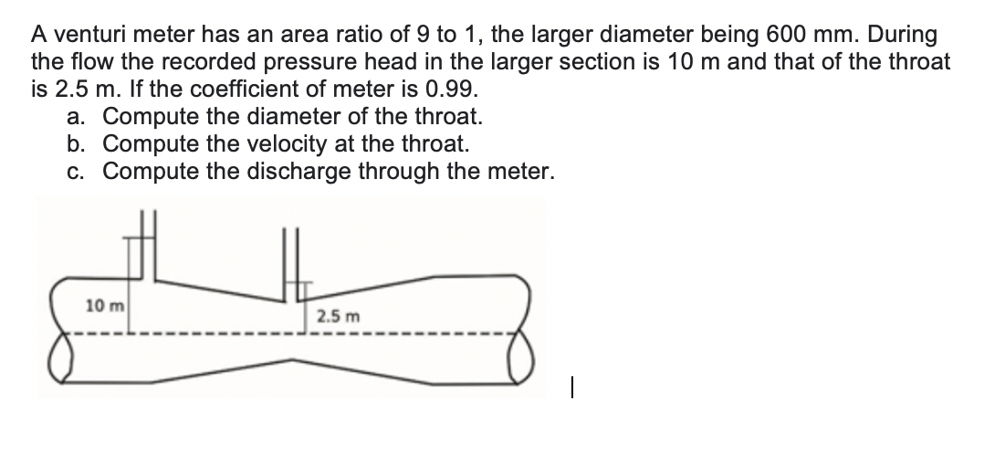 Solved A venturi meter has an area ratio of 9 to 1, the