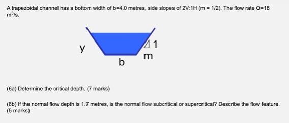Solved A trapezoidal channel has a bottom width of b=4.0 | Chegg.com