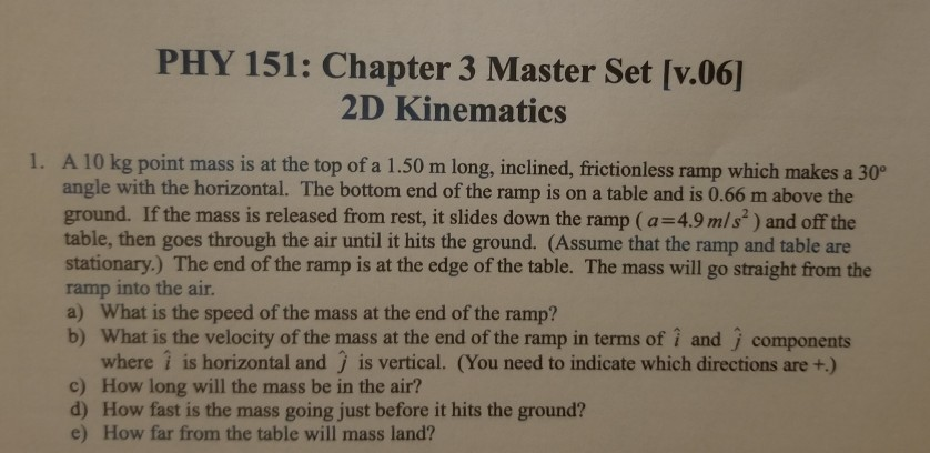 Solved PHY 151: Chapter 3 Master Set (v.06] 2D Kinematics 1. | Chegg.com